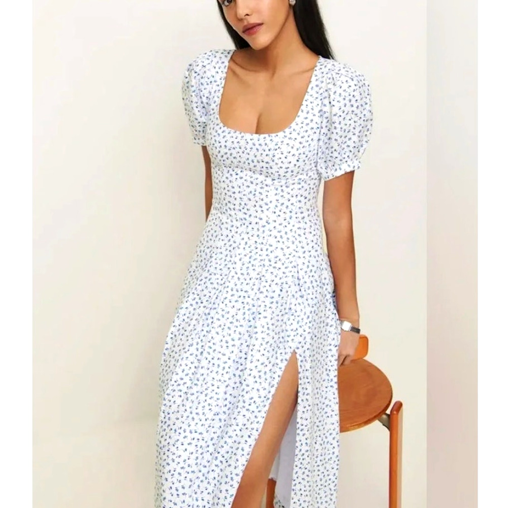 Reformation 6 Coucou 100% Linen Midi Dress Puff Sleeve Liberty Floral Blue White - Picture 2 of 16